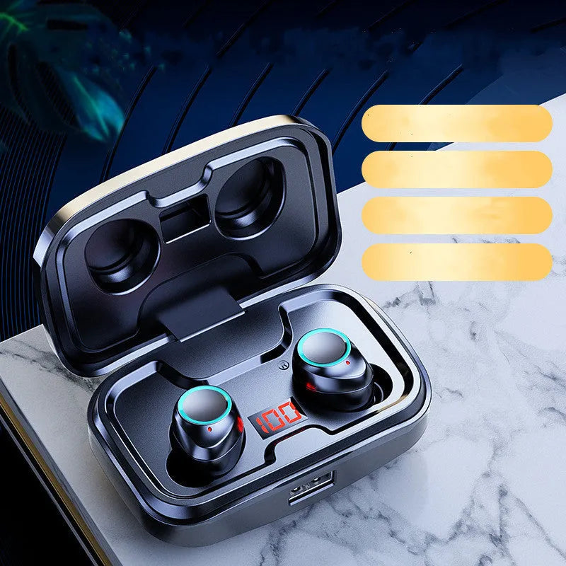 Black wireless Bluetooth in-ear earphones with private mould design on a white background.
