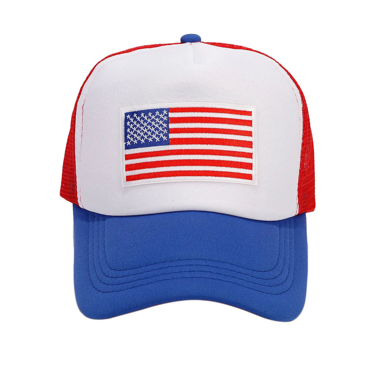Red and blue contrast mesh baseball cap with adjustable strap and dome crown.