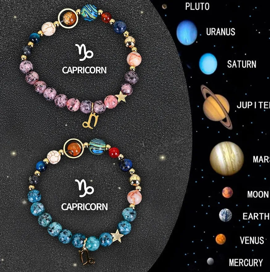 Natural stone zodiac beaded bracelet set showing two matching bracelets with astrology-themed design