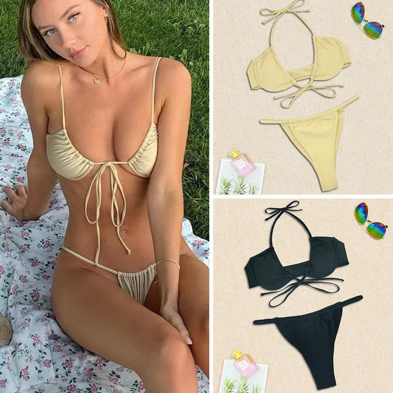 Women's split bikini swimsuit in nylon fabric, black or mint green colour, sizes S M L XL