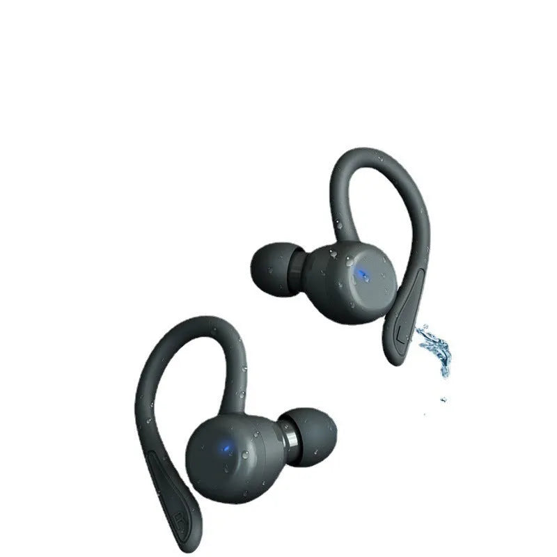 Bluetooth sports headphones with ear hooks in five colour options showing removable earbuds and charging case