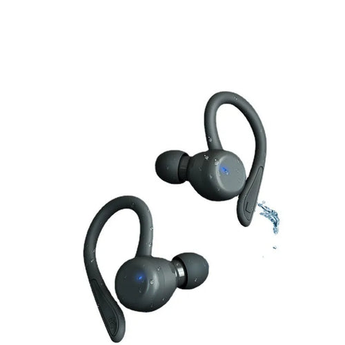 Bluetooth sports headphones with ear hooks in five colour options showing removable earbuds and charging case