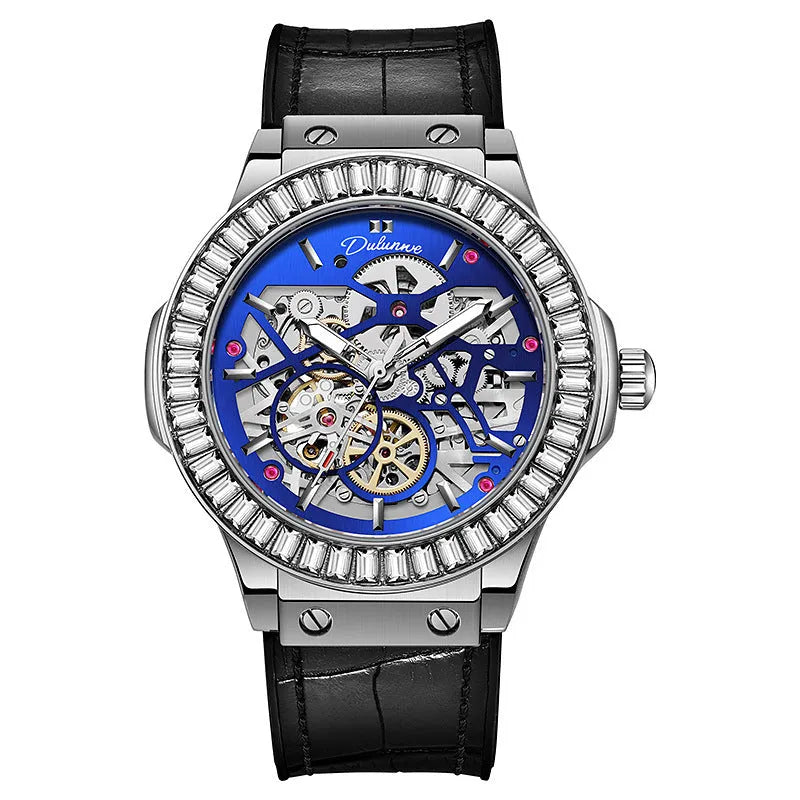 Automatic mechanical men's watch with hollow diamond-studded dial and 16mm white shell case.