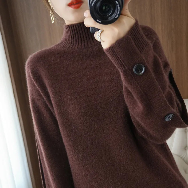 Women's solid colour acrylic knitted base layer top in brown, long sleeve crew neck style on a neutral background