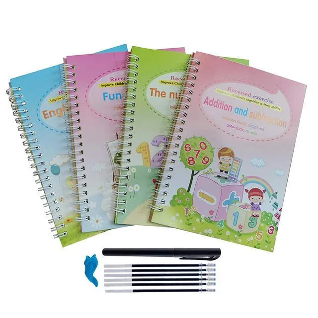 Magic calligraphy set with four spellbooks, pen and refills showing square 3D slot design