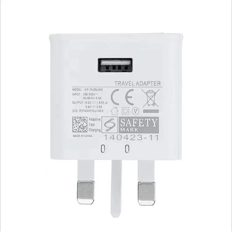 British Standard 9V2A fast charging plug in white, front view showing USB port and UK pins