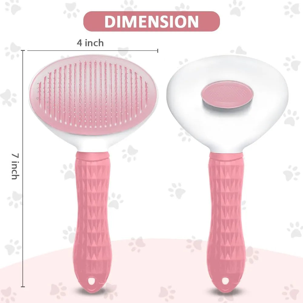 Blue, grey, and pink cat brush with a release button and fine wire bristles for removing loose fur.