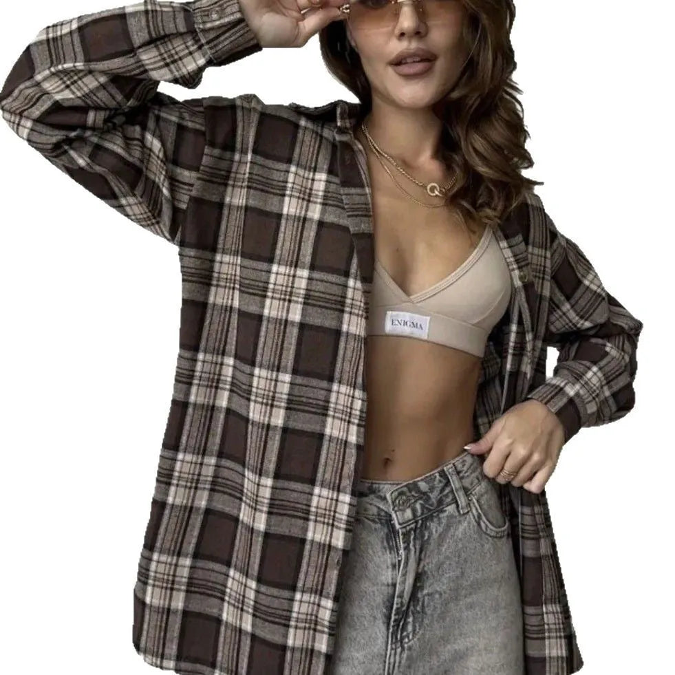 Dark brown retro striped women's cotton shirt with plaid pattern and long sleeves