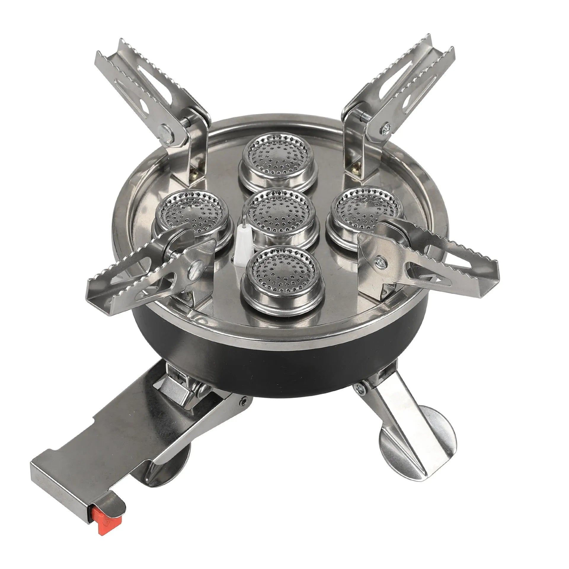 Silver stainless steel split camping stove with foldable design and 100cm gas hose