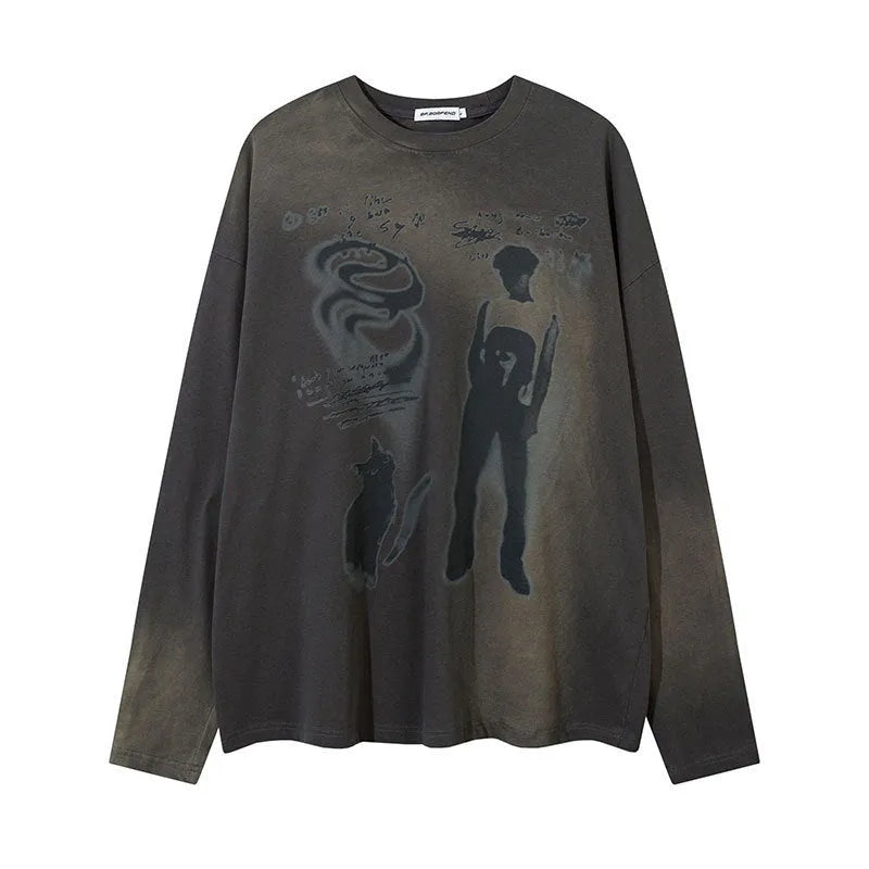 Women's loose dark grey cotton pullover top with letter pattern and long drop-shoulder sleeves