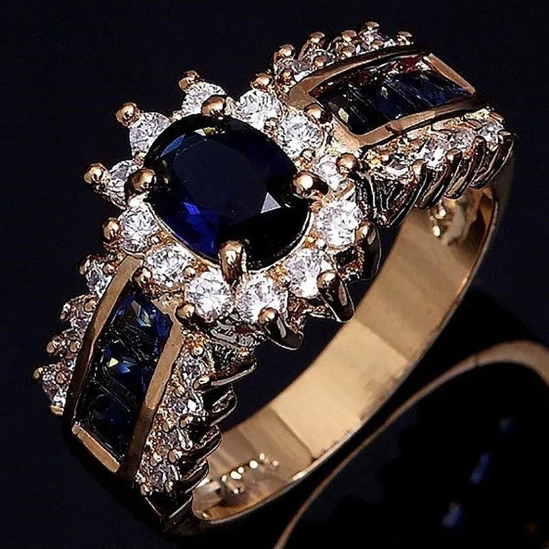 Personalised zinc alloy ring with gemstone options including blue diamond and zircon stones in sizes 6-11