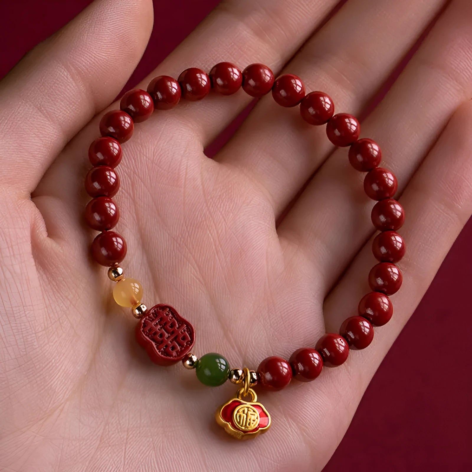 Emperor Sandstone cinnabar bracelet with fu character bead in new Chinese style