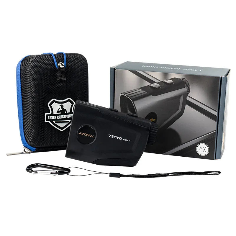 Golf laser rangefinder with LCD display showing distance measurement, featuring flag lock and slope compensation functions