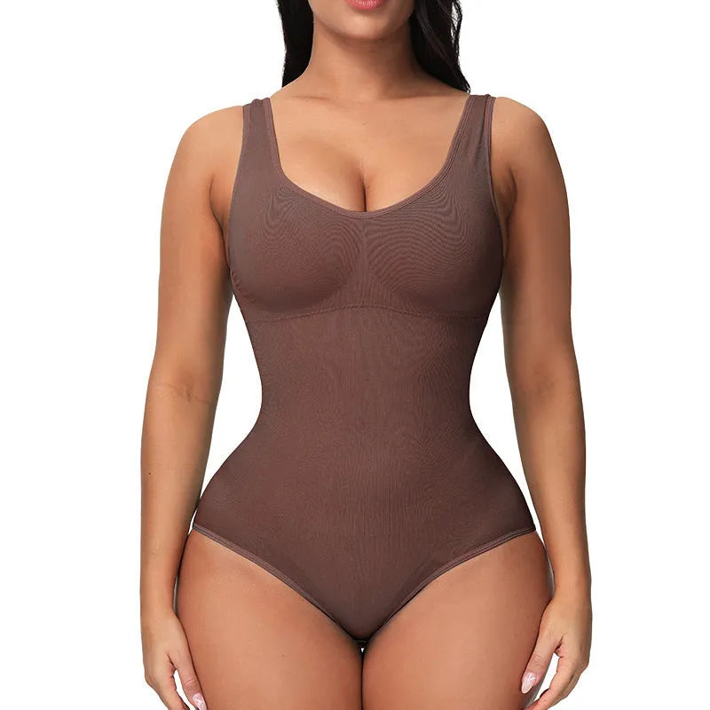 Seamless one-piece bodysuit for waist support and body sculpting in nylon fabric
