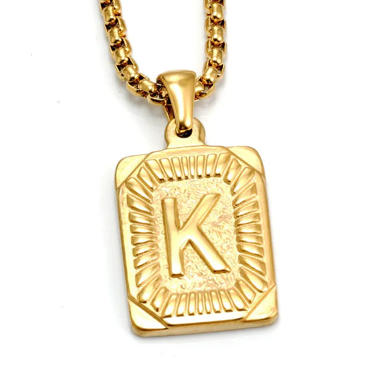 Gold-plated 18K titanium steel letter pendant necklace with pearl chain, gold colour, unisex design
