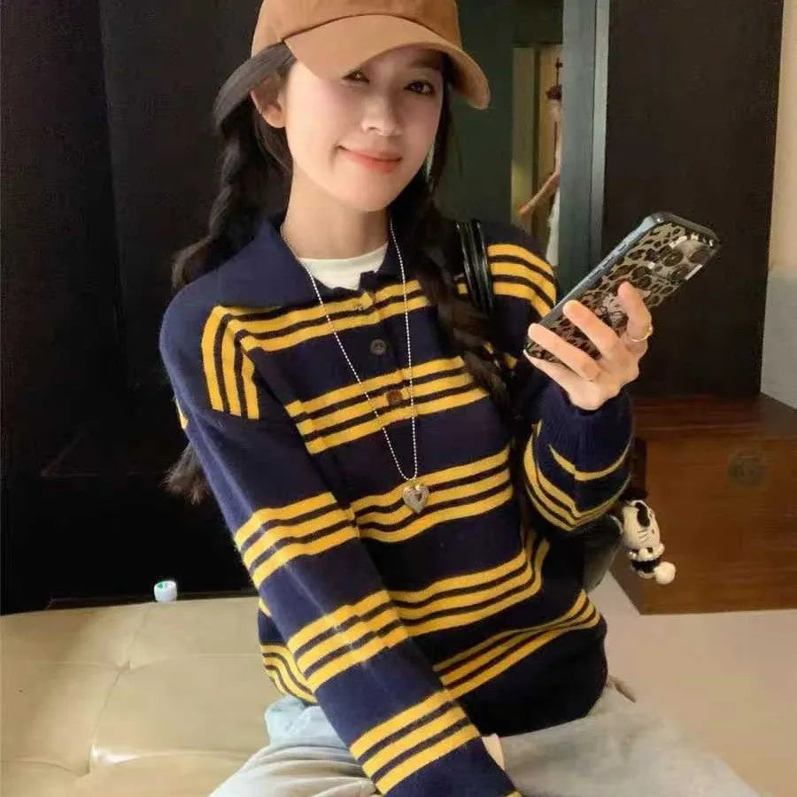 Yellow striped loose sweater for women with long sleeves, pullover design, polyester fabric