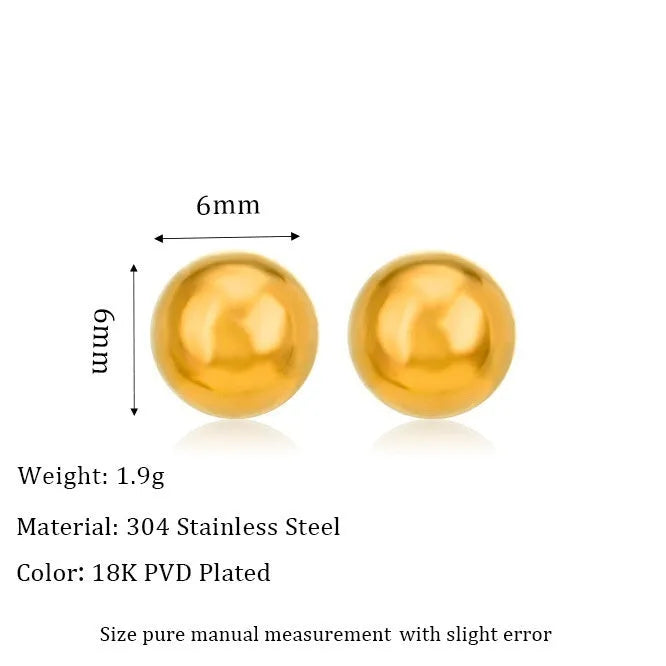 Titanium steel ball stud earrings in gold or silver finish, available in 3mm to 6mm sizes
