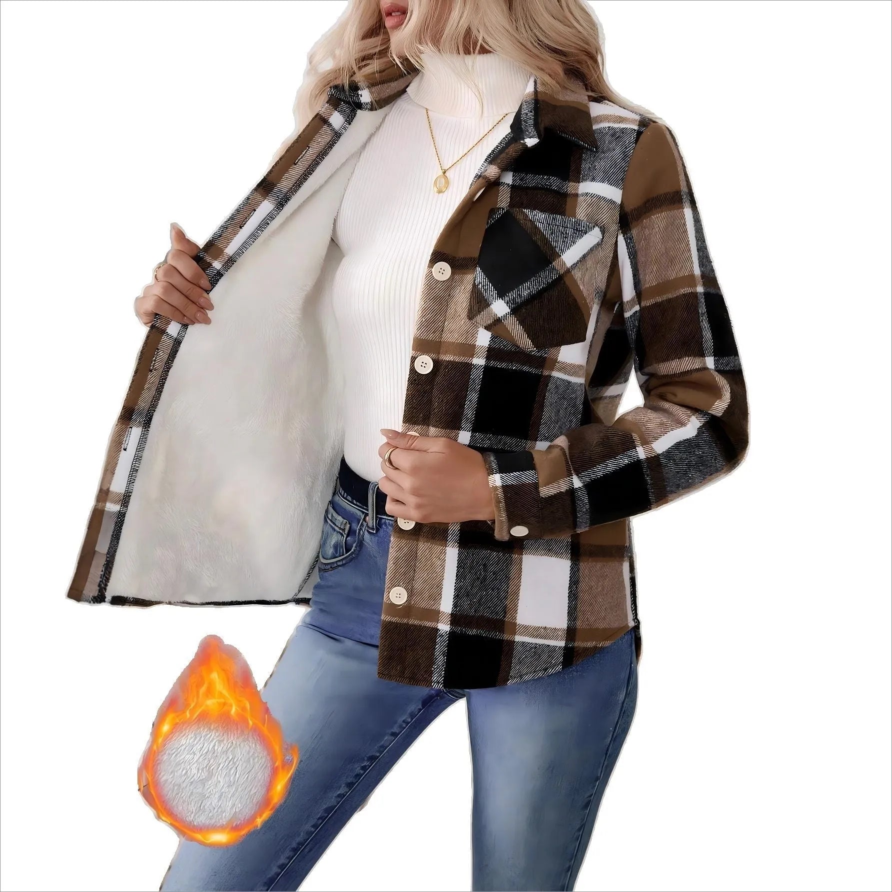 Woolen woven plaid button shirt collar jacket top in brown, with pockets, medium thickness polyester fabric, casual style