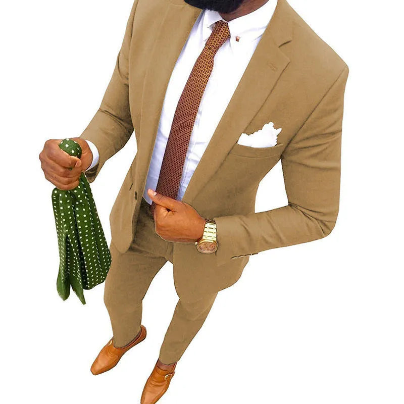 Men's multi-colour two-piece cotton suit for formal events, shown in a range of available colours.