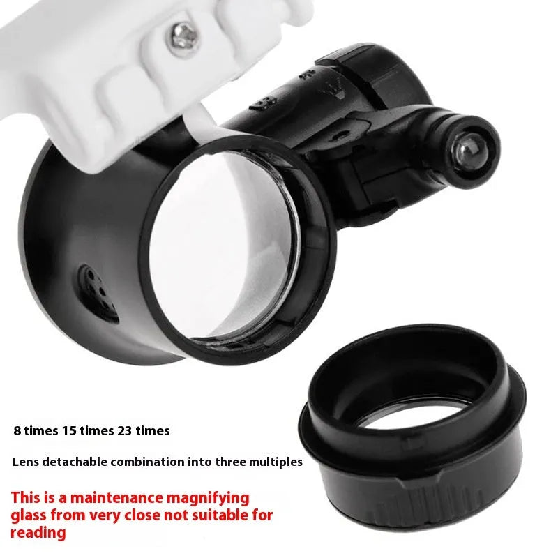 White head mounted magnifying glass with LED light, shown folded and unfolded.