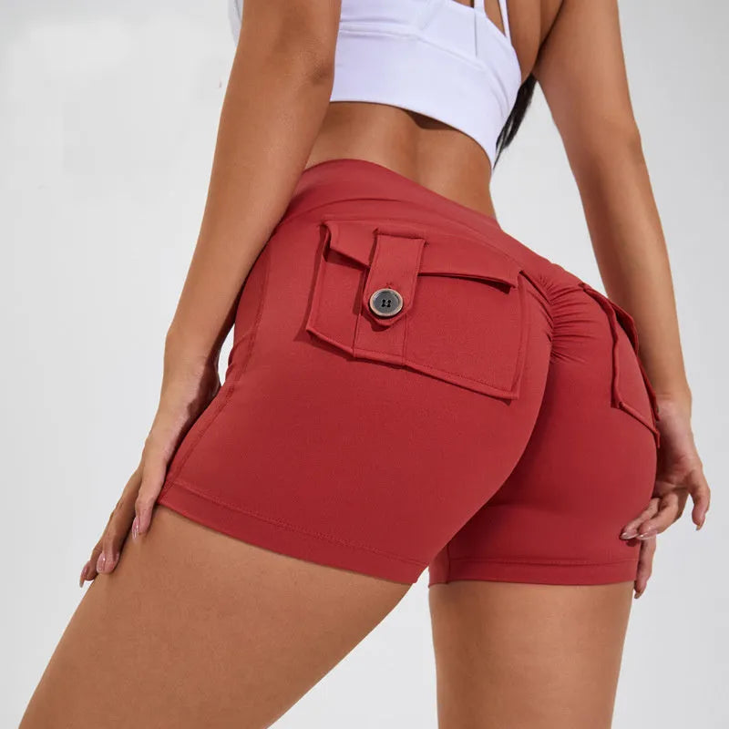 Women's high waist yoga shorts in quick-dry nylon fabric with pockets, available in multiple colours