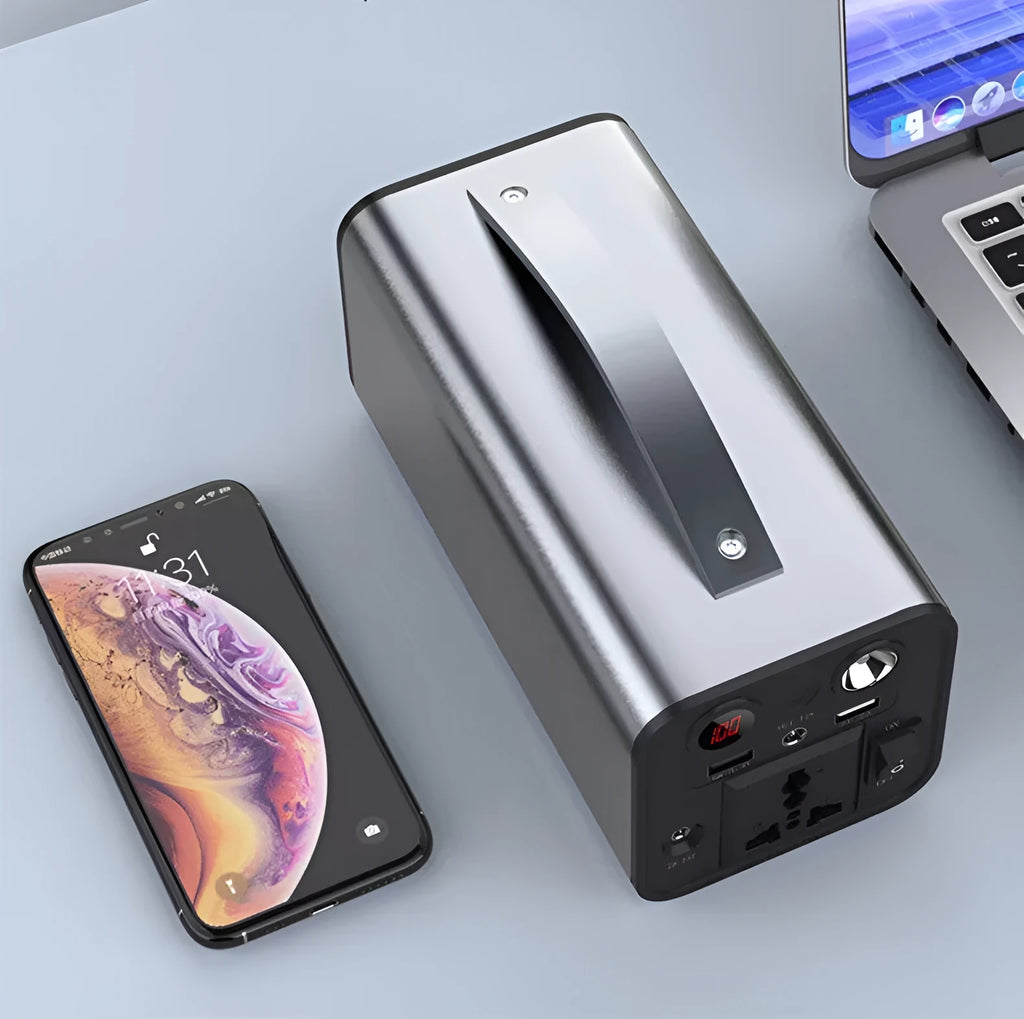 Portable 45000mAh power station with AC DC USB outputs and solar input in black colour