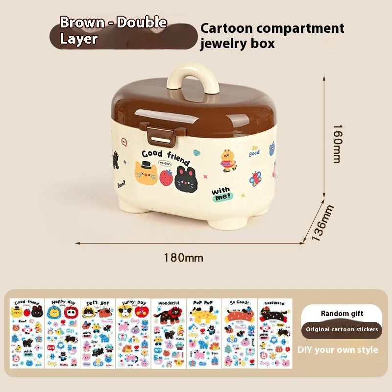 Cartoon-style red and brown plastic desktop storage organiser with 2L capacity and organisation stickers.