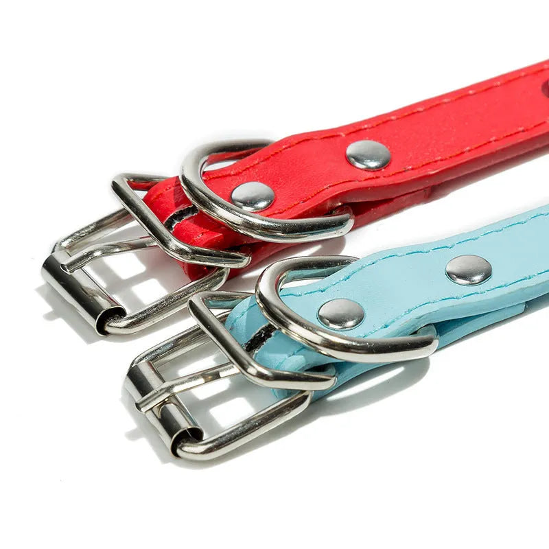 Colourful studded dog collar with metal spikes on thickened PU leather, showing alloy metal fastener and six colour options