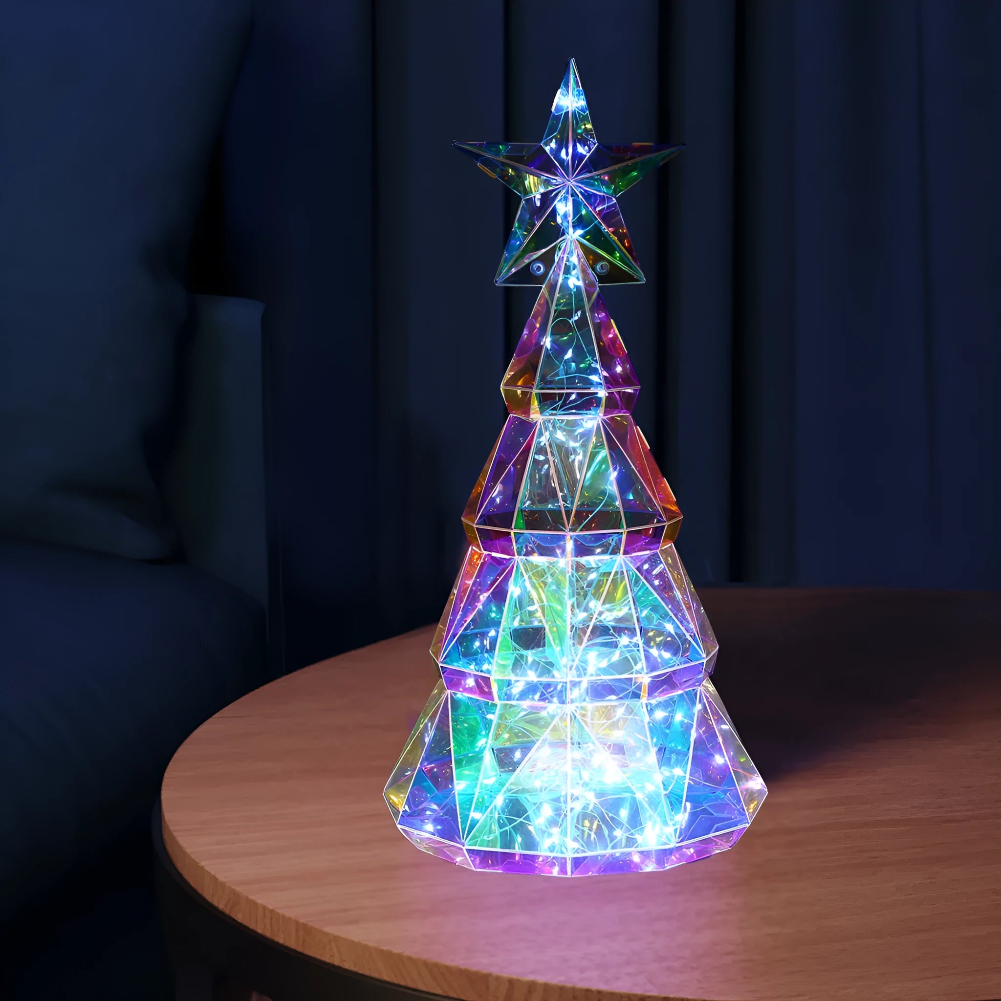 Colourful cartoon-style LED-lit Christmas tree decoration made from PET plastic