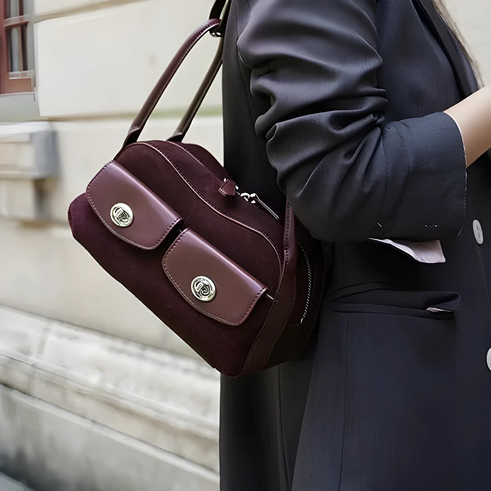 Medium genuine two-layer cowhide leather crossbody shoulder bag in solid colour with sewing line detail, 25x13x12cm