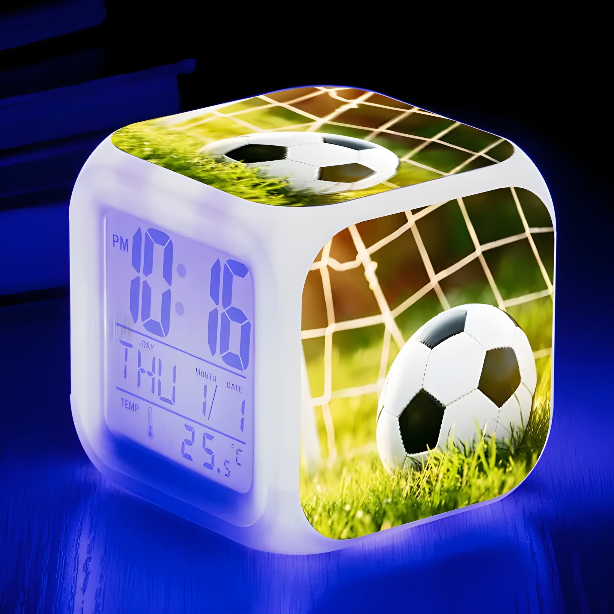 Football pattern children's square alarm clock with digital display and mute alarm function