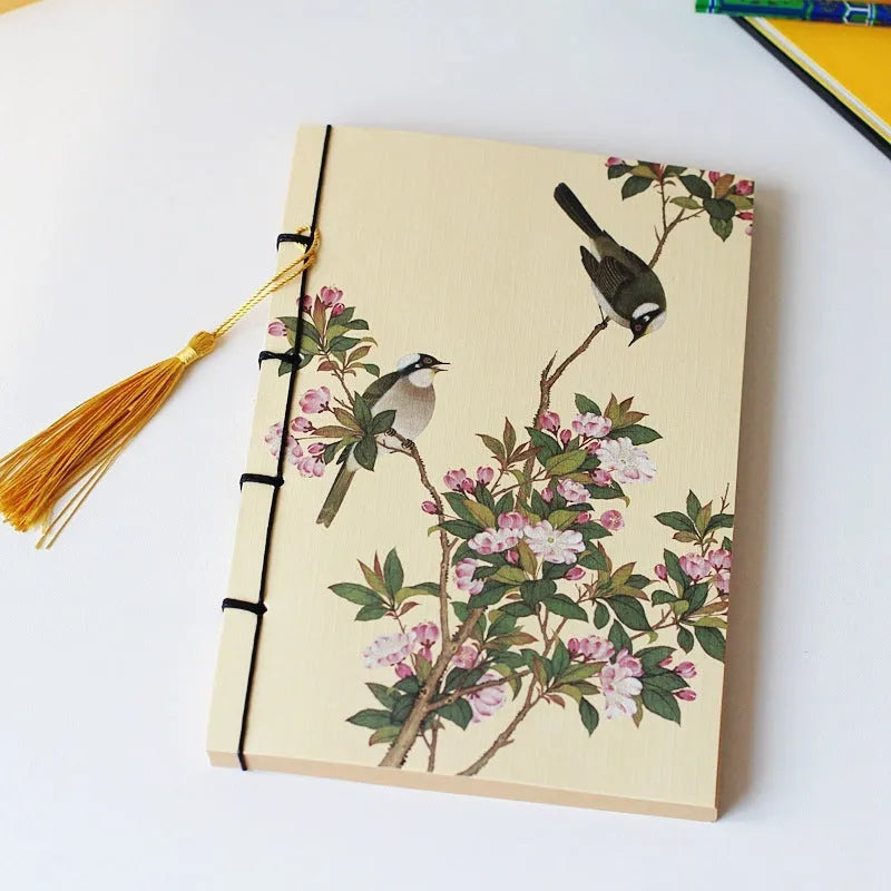 A5 antique wire-bound notebook with retro painting cover, wax rope binding, and tassels