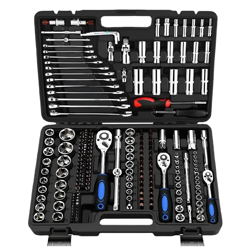 Chromium vanadium steel socket ratchet wrench set with ratchet handle and assorted sockets for repair.