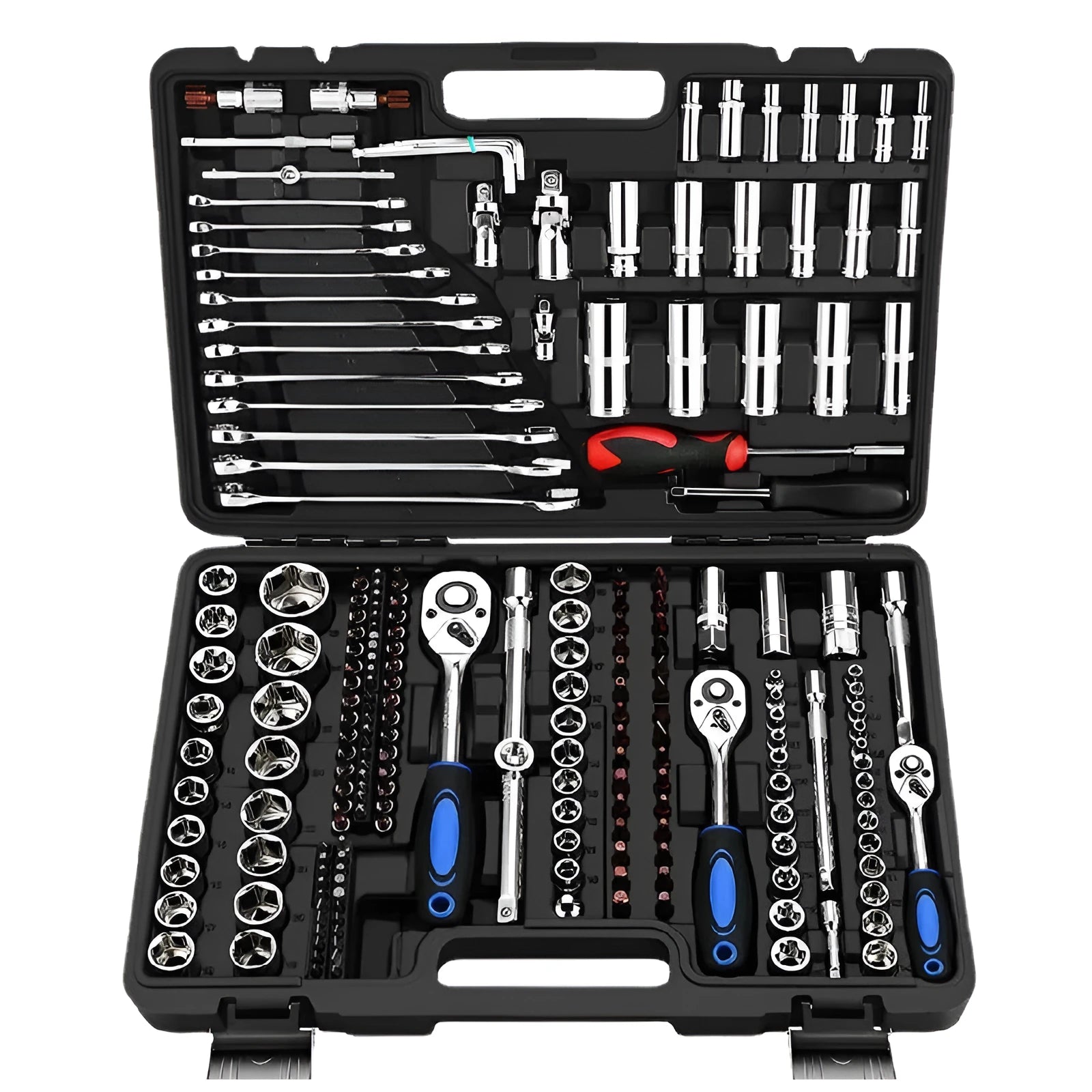 Chromium vanadium steel socket ratchet wrench set with ratchet handle and assorted sockets for repair.