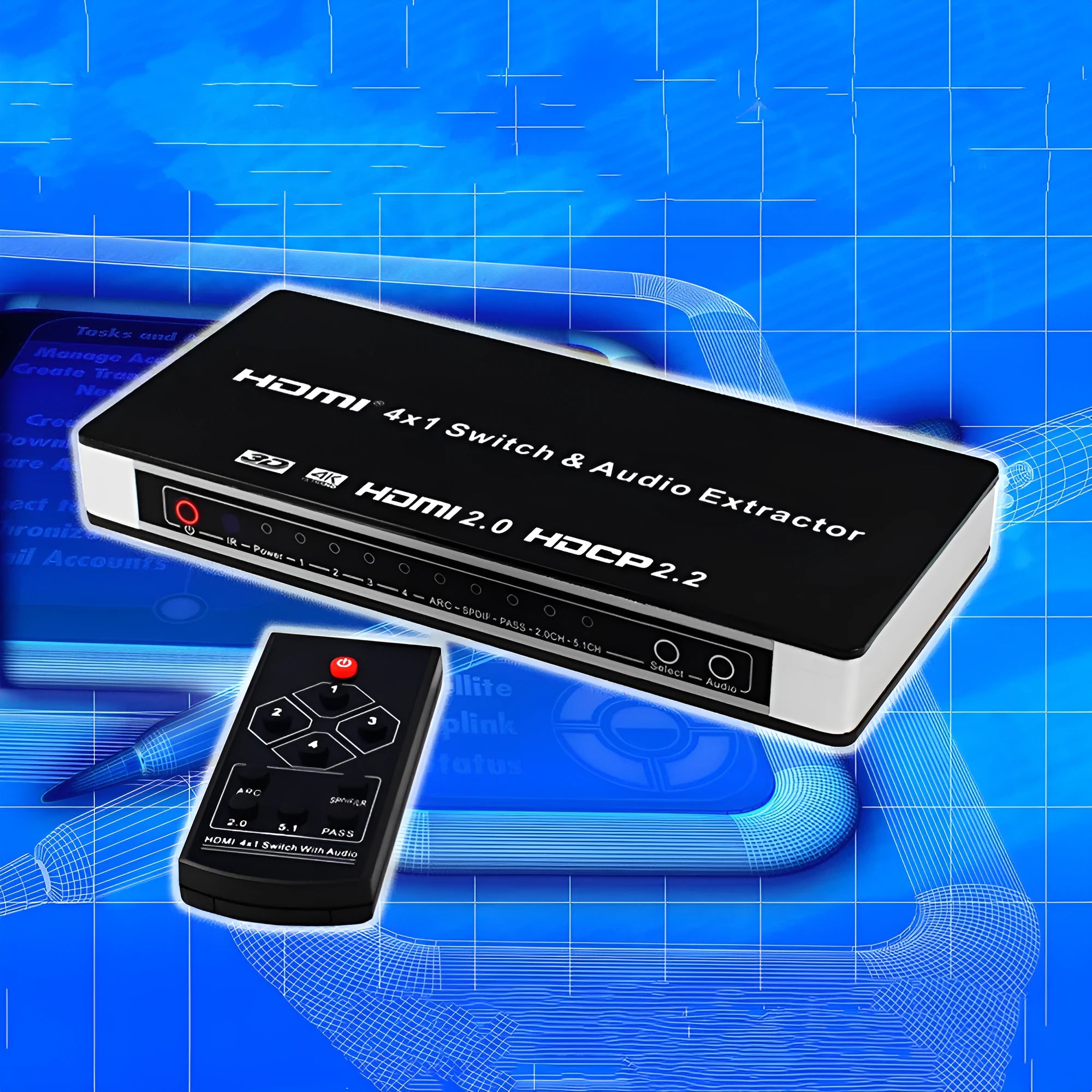 Black 4x1 HDMI switcher with remote control for audio and video signal distribution