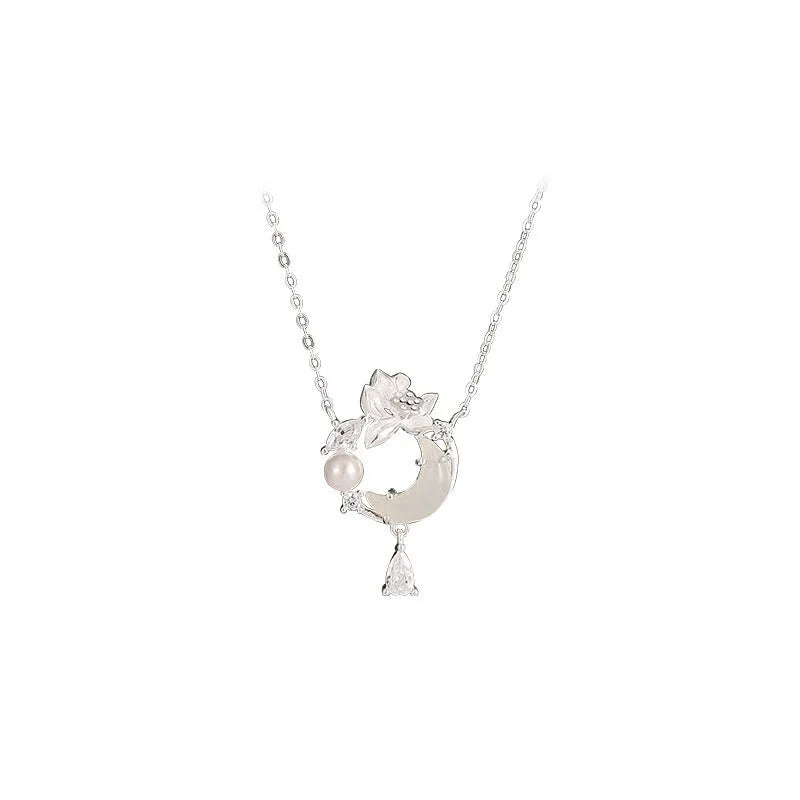 925 silver lotus moon pendant necklace with flower shape and adjustable O-ring chain on woman