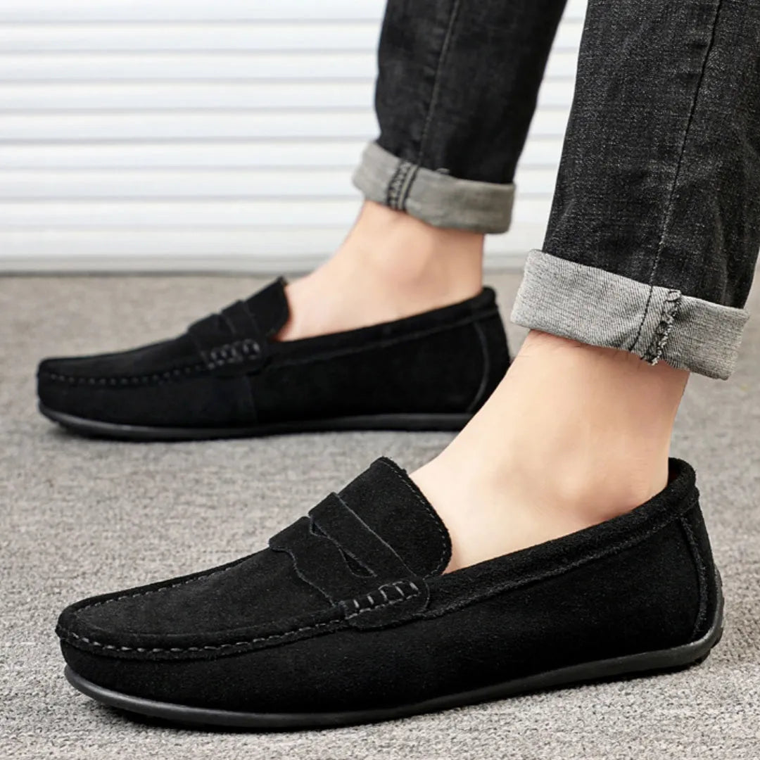 Men's solid colour suede loafers with slip-on design and round toe
