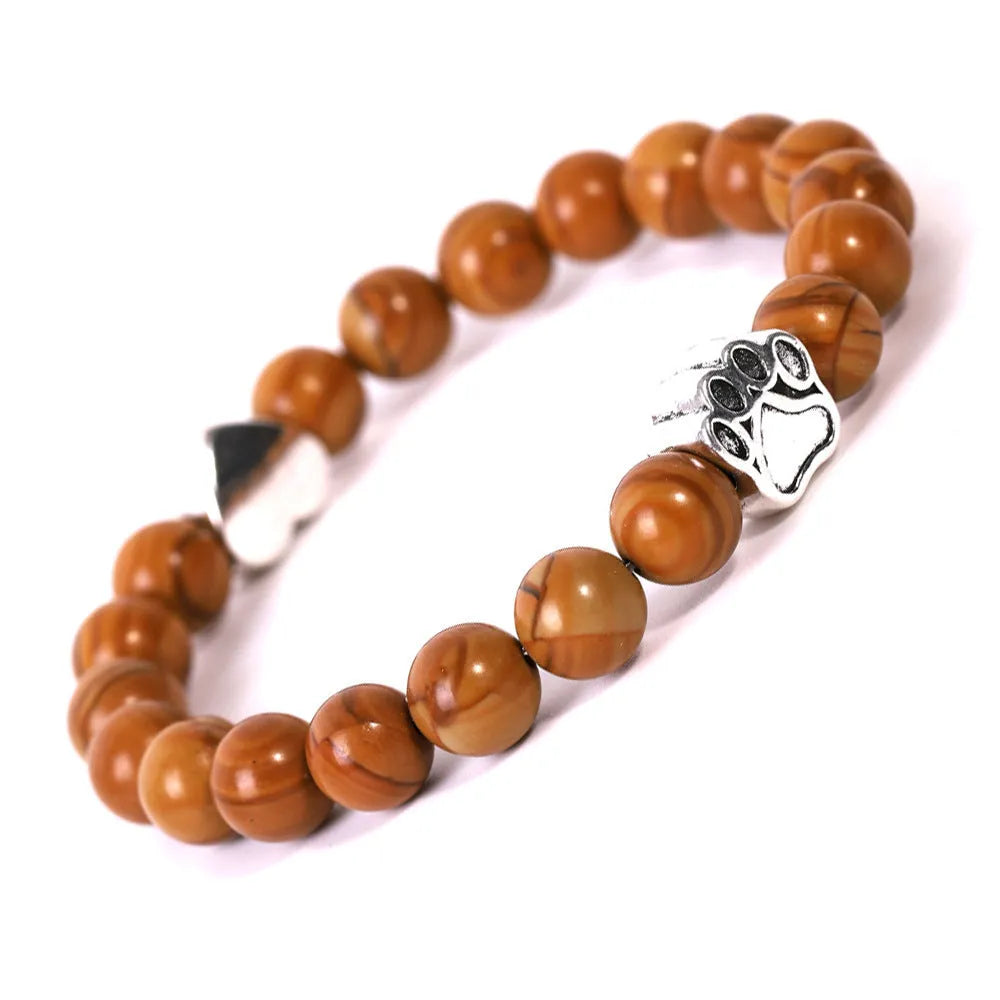 Tigereye Indian agate stone bracelet with dog paw and love heart charms on geometric beaded design
