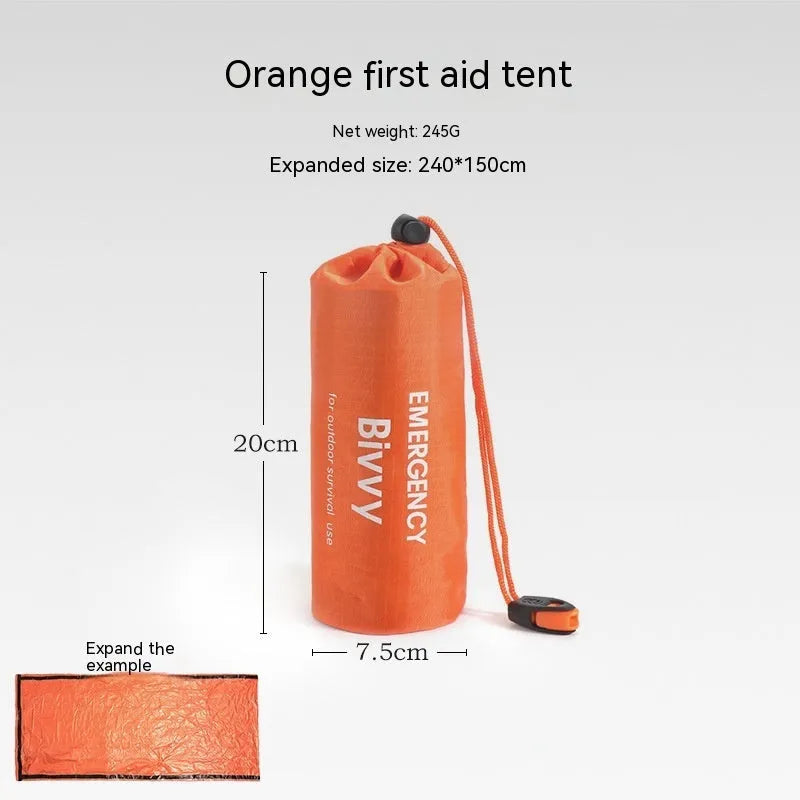 Orange emergency tent kit with sleeping bag, raincoat and whistle for disaster relief