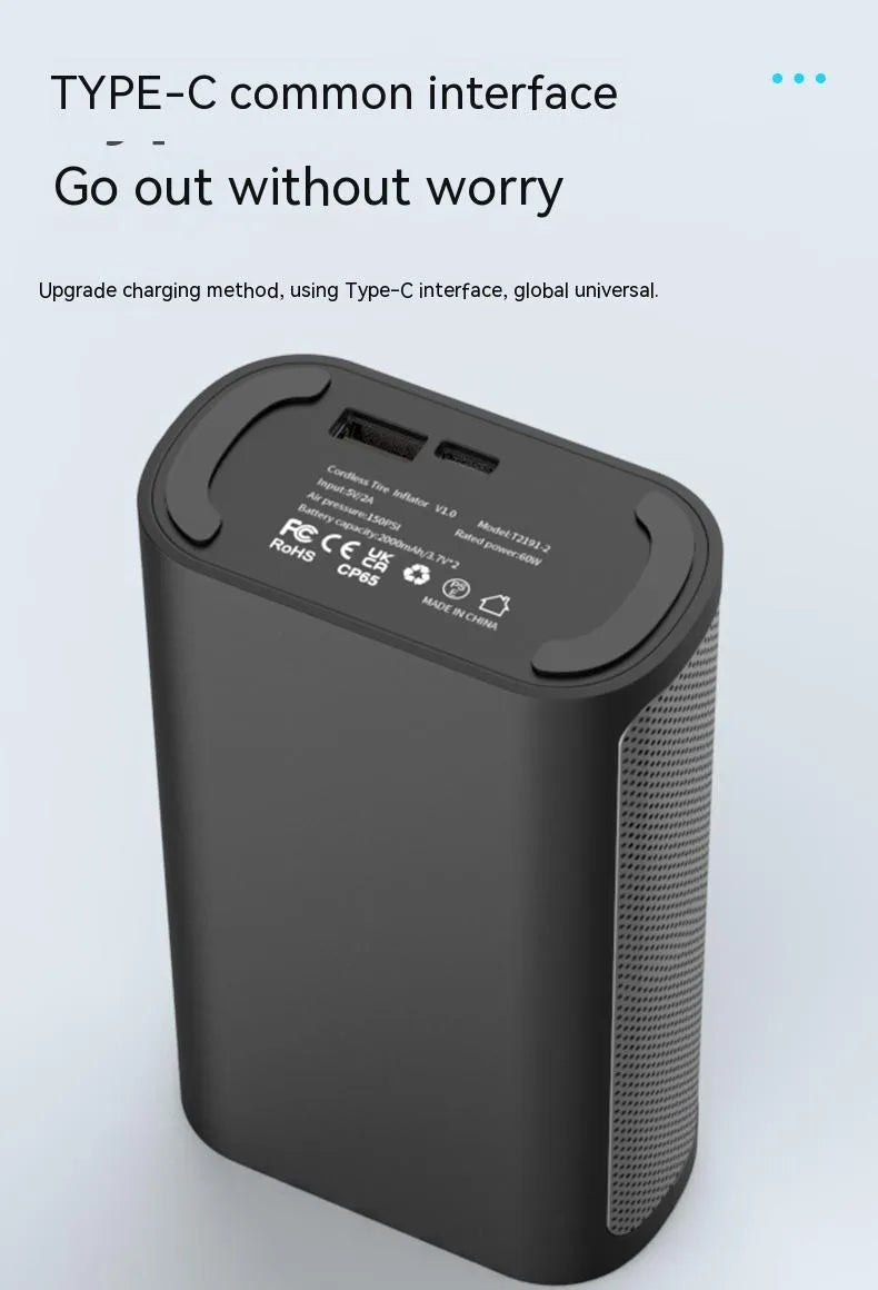 Wireless handheld digital tyre inflator with LCD screen, LED light, and attachments for car, bike, and ball valves.