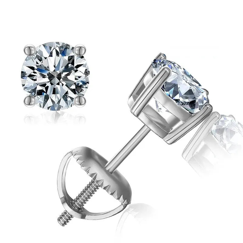 Women's screw back moissanite stud earrings with geometric setting on silver