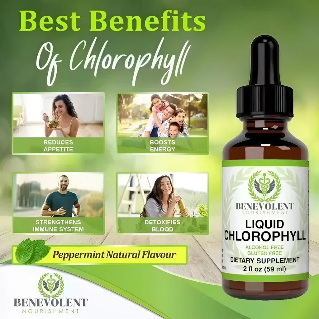 60ml bottle of liquid chlorophyll drops for body odour control and intestinal care supplement