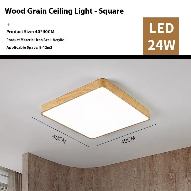 Square Nordic style LED ceiling light with wood grain finish, shown in a bedroom setting.