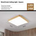 Square Nordic style LED ceiling light with wood grain finish, shown in a bedroom setting.