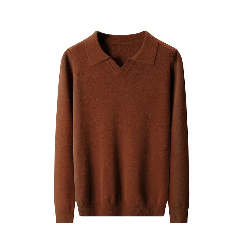 Men's dark gray wool polo collar knitted long sleeve sweater loose fit pullover
