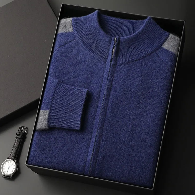 Men's cashmere wool blend cardigan suit with half turtleneck zipper top and matching trousers in winter sports style