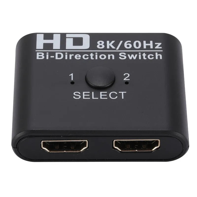 HDMI bidirectional AB switcher with switch button and two LED indicators, supports 8K 60Hz