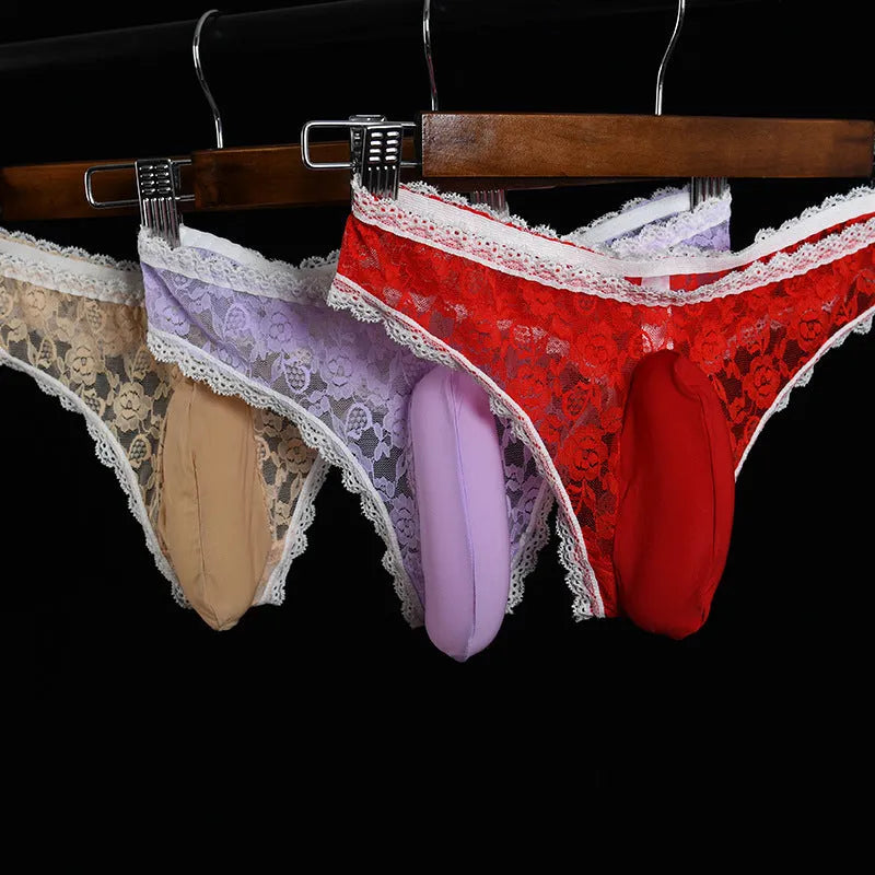 Qing He men's lace underwear briefs with vertical bag egg design in black colour.