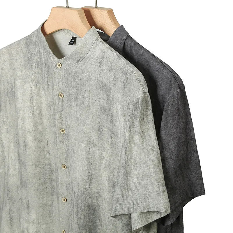 Men's loose linen cardigan shirt with stand collar in chemical fibre blend fabric