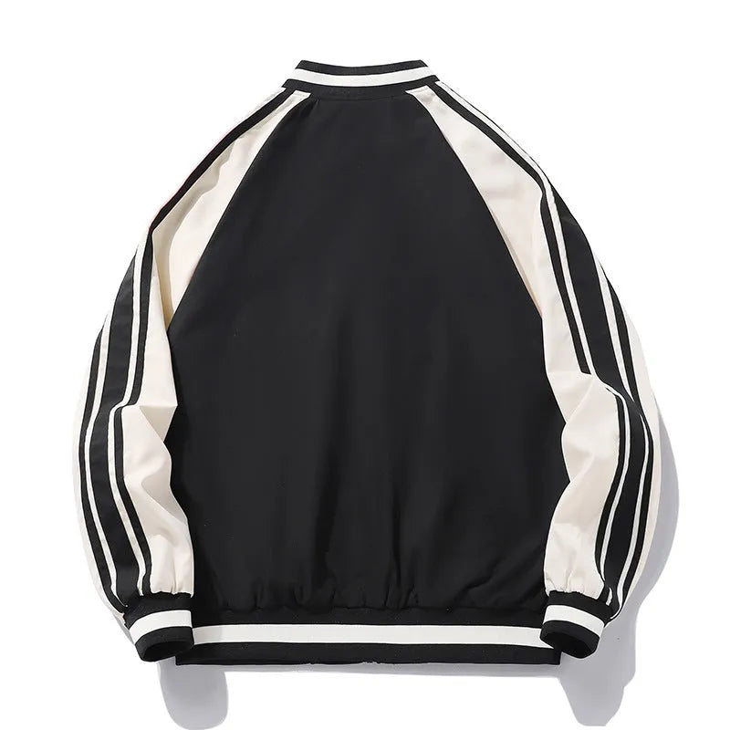 Men's striped baseball collar casual jacket in black, made from polyester fibre, available in sizes M-5XL
